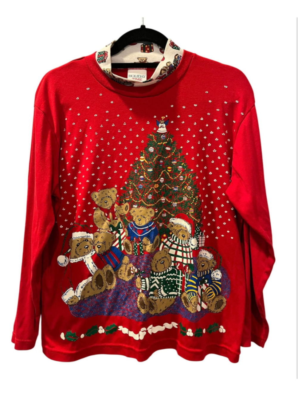 Vintage 90s Holiday Time Ugly Christmas Shirt Teddy Bear Tree Red Size Medium